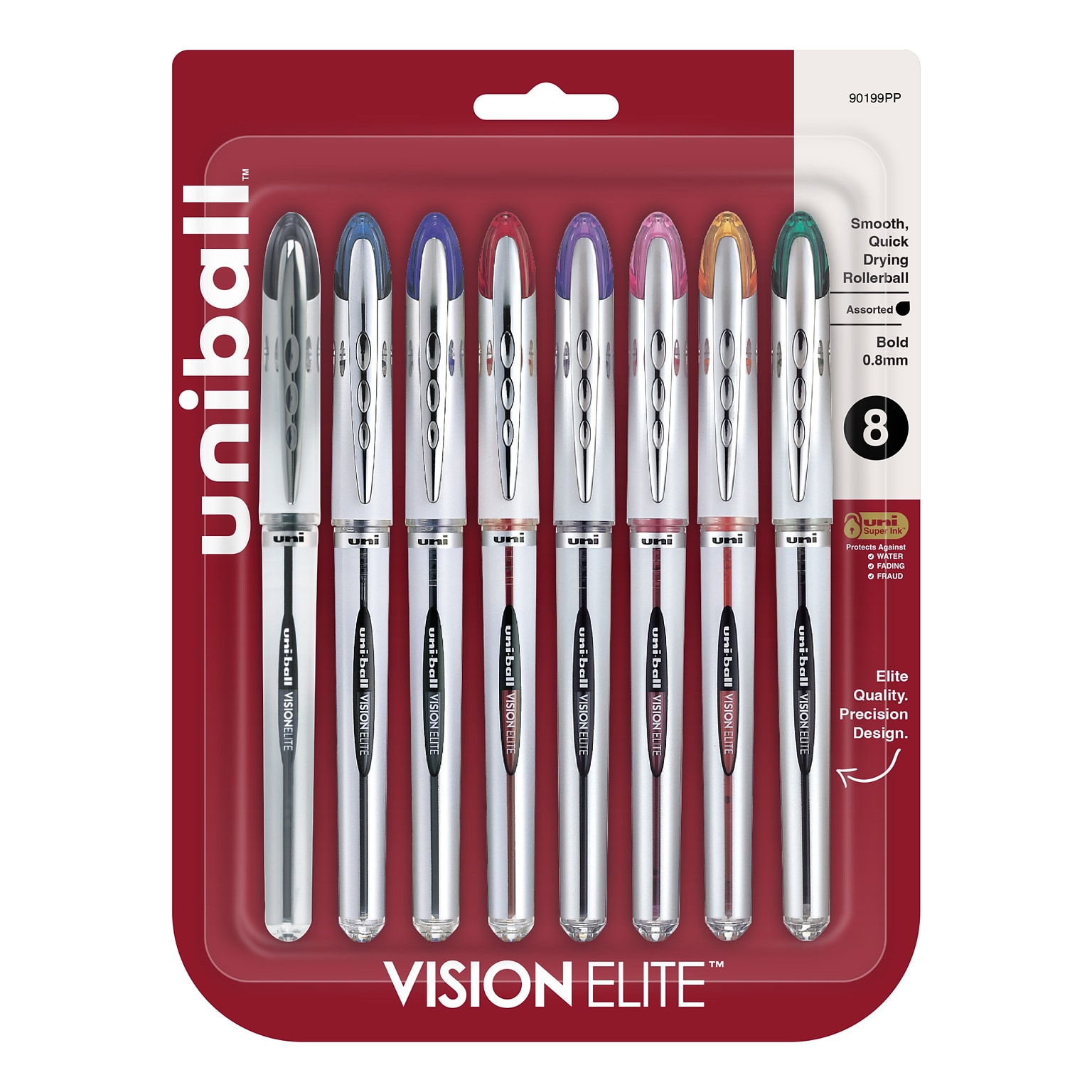 uni-ball Vision Elite Rollerball Pen, Bold Point, 0.8mm, Assorted Ink, 8/Pack (90199PP)