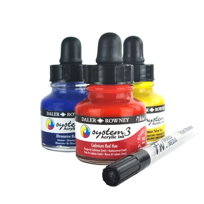 Daler-Rowney System3 Acrylic Ink, Assorted Colors, 29.5ml, 4/Set (DRW161100003)