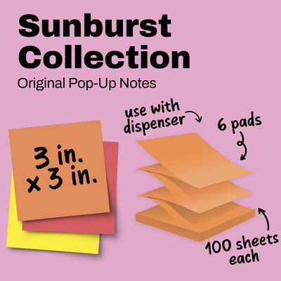 Post-it Pop-up Notes, 3" x 3", Sunburst Collection, 100 Sheets/Pad, 6 Pads/Pack (R330-SUN)