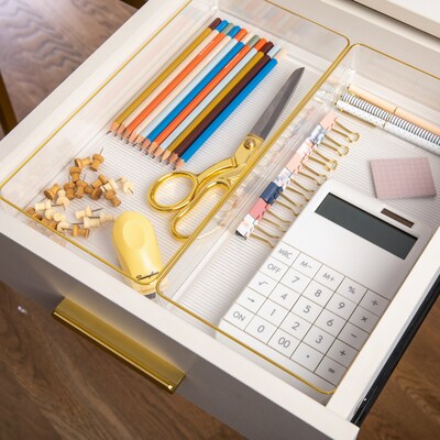 Martha Stewart Kerry Plastic Stackable Office Desk Drawer Organizer, Clear/Gold, 3/Set (BEPB8973G3CGD)