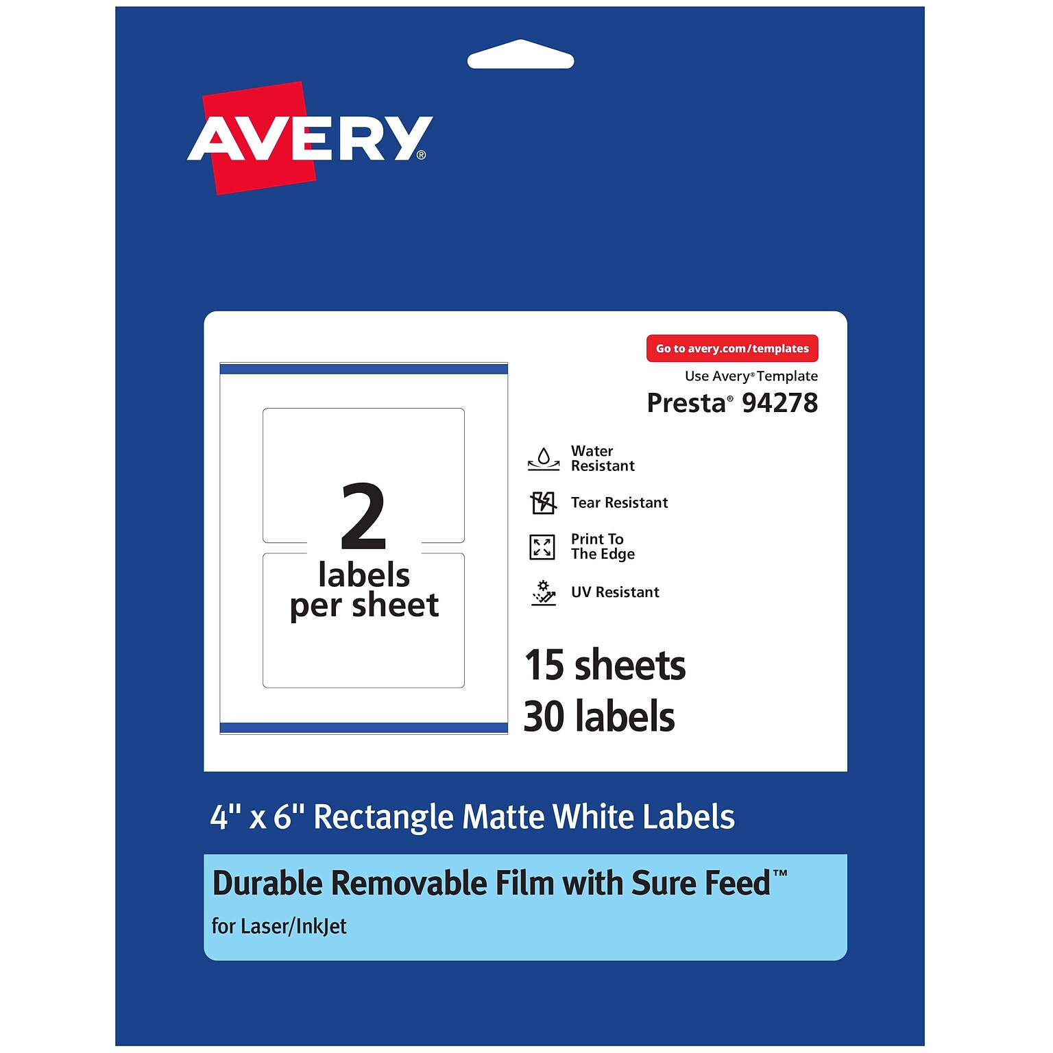 Avery Durable Removable Rectangle Multipurpose Labels, 4 x 6, White, 30/Pack (94278)