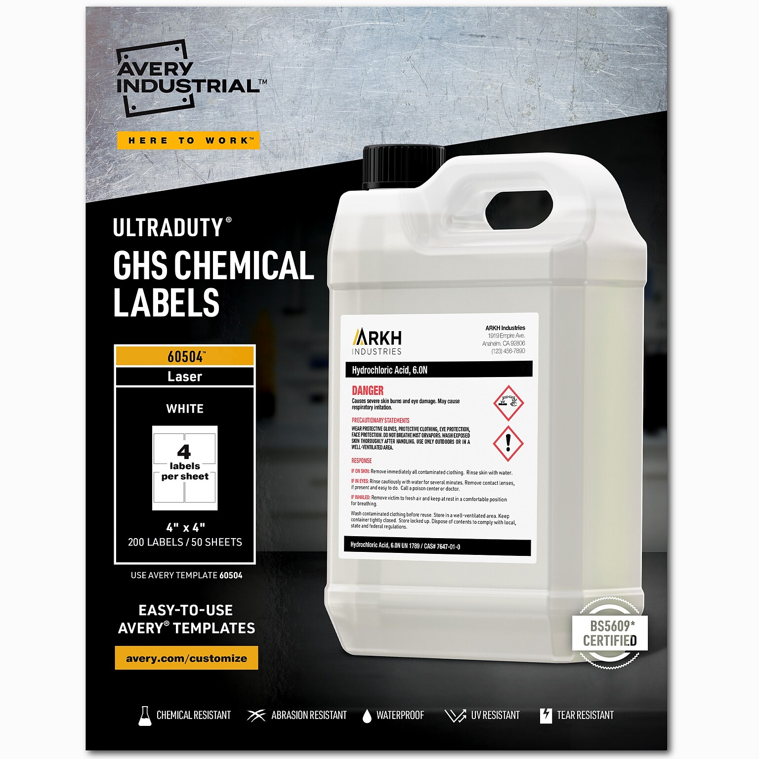 Avery UltraDuty Waterproof Laser GHS Chemical Labels, 4 x 4, White, 200 Labels/Box (60504)