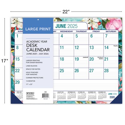 2025-2026 Global Printed Products Teal Floral 22" x 17" Desk Pad Calendar, Multicolor (NAD26-DP-17)
