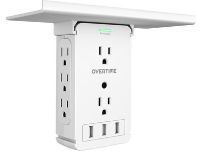 Overtime Wall Outlet Shelf, 8 Outlets and 3 USB Ports, Surge Protector, White (OTWP8O3USB)