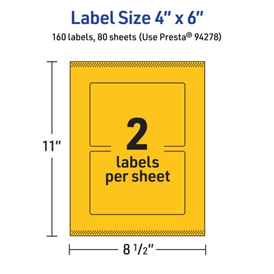 Avery Laser/Inkjet Rectangle Multipurpose Labels, 4" x 6", Bright Yellow, 160/Box (94278)