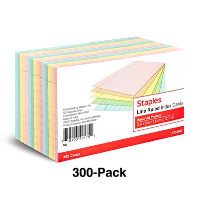 Staples 3" x 5" Index Cards, Lined, Assorted Colors, 300/Pack (TR51002)