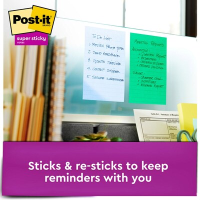 Post-it Recycled Super Sticky Notes, 4" x 6", Oasis Collection, Lined, 90 Sheet/Pad, 3 Pads/Pack (6603SST)