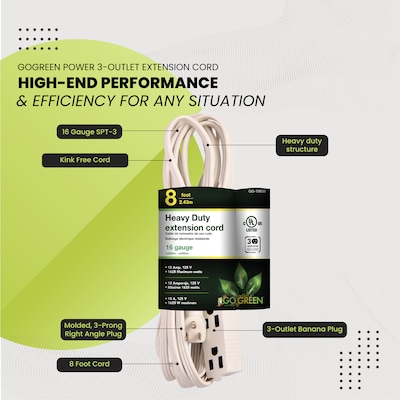 GoGreen Power 8' Extension Cord, 3-Outlet, 16 AWG, White (GG-19608)