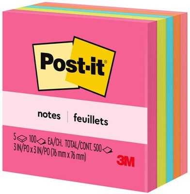 Post-it Sticky Notes, 3 x 3 in., 5 Pads, 100 Sheets/Pad, The Original Post-it Note, Poptimistic Collection