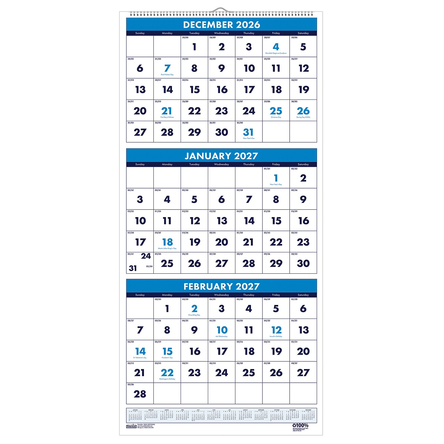 2027 House of Doolittle 8 x 17 Three-Month Wall Calendar, Blue (3646-27)