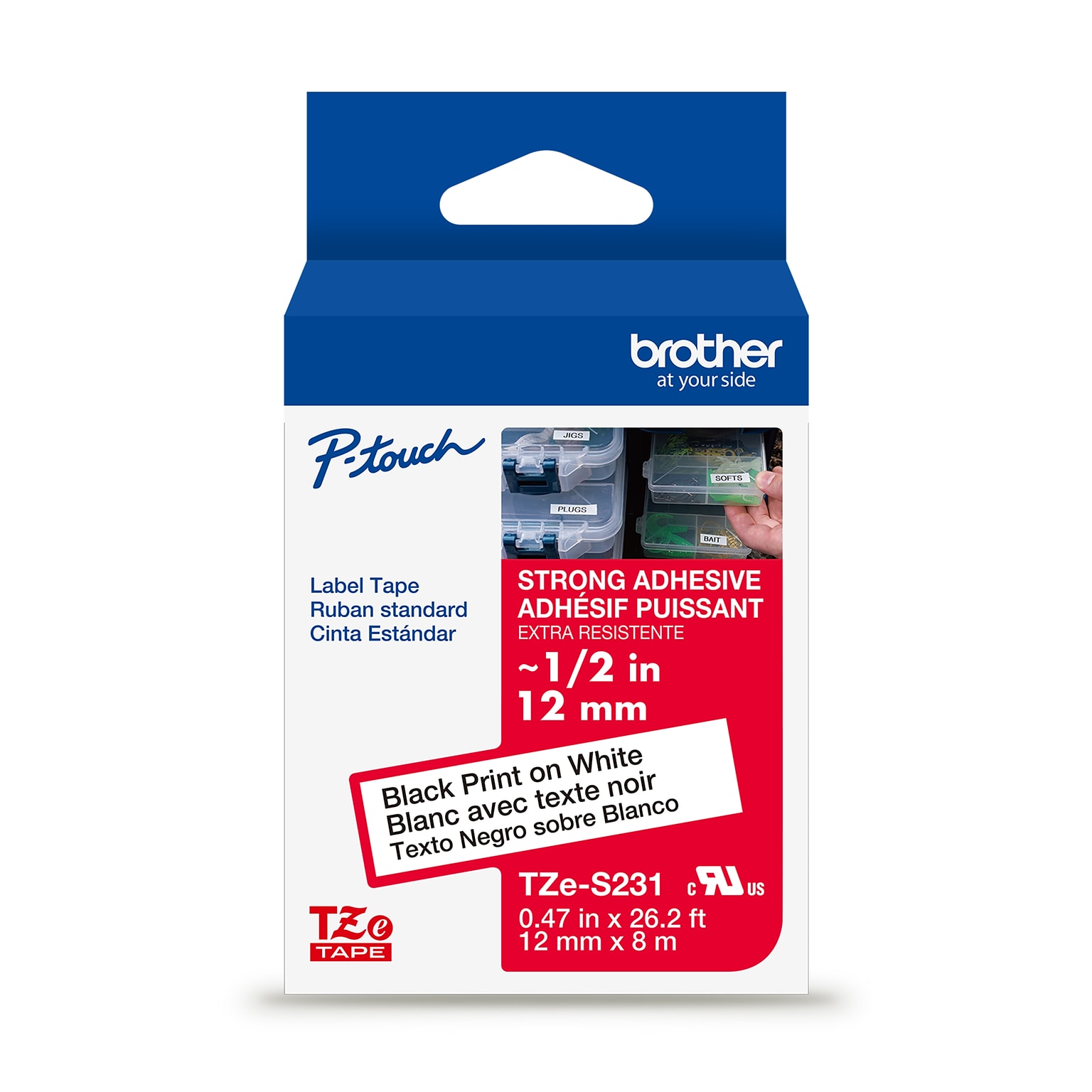 Brother P-touch Strong Adhesive Laminated Label Tape, 1/2 x 26.2, Black on White (TZeS231)