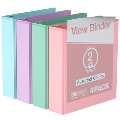 Davis Group, 2, 8.5 x 11, Round Ring View Binder, Assorted Pastel Colors, 4/Pack (7413-88-04)