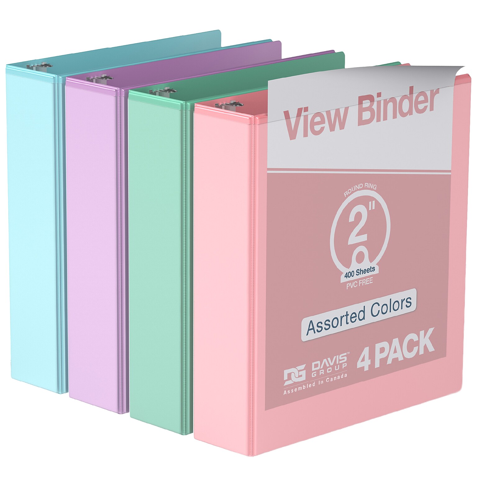 Davis Group Standard View 2 3-Ring Binders, Assorted Pastel Colors, 4/Pack (7412-88-04)