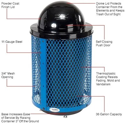Global Industrial Outdoor Diamond Steel Trash Can w/ Dome Lid & Base, 36 Gallon, Blue (261948BLD)