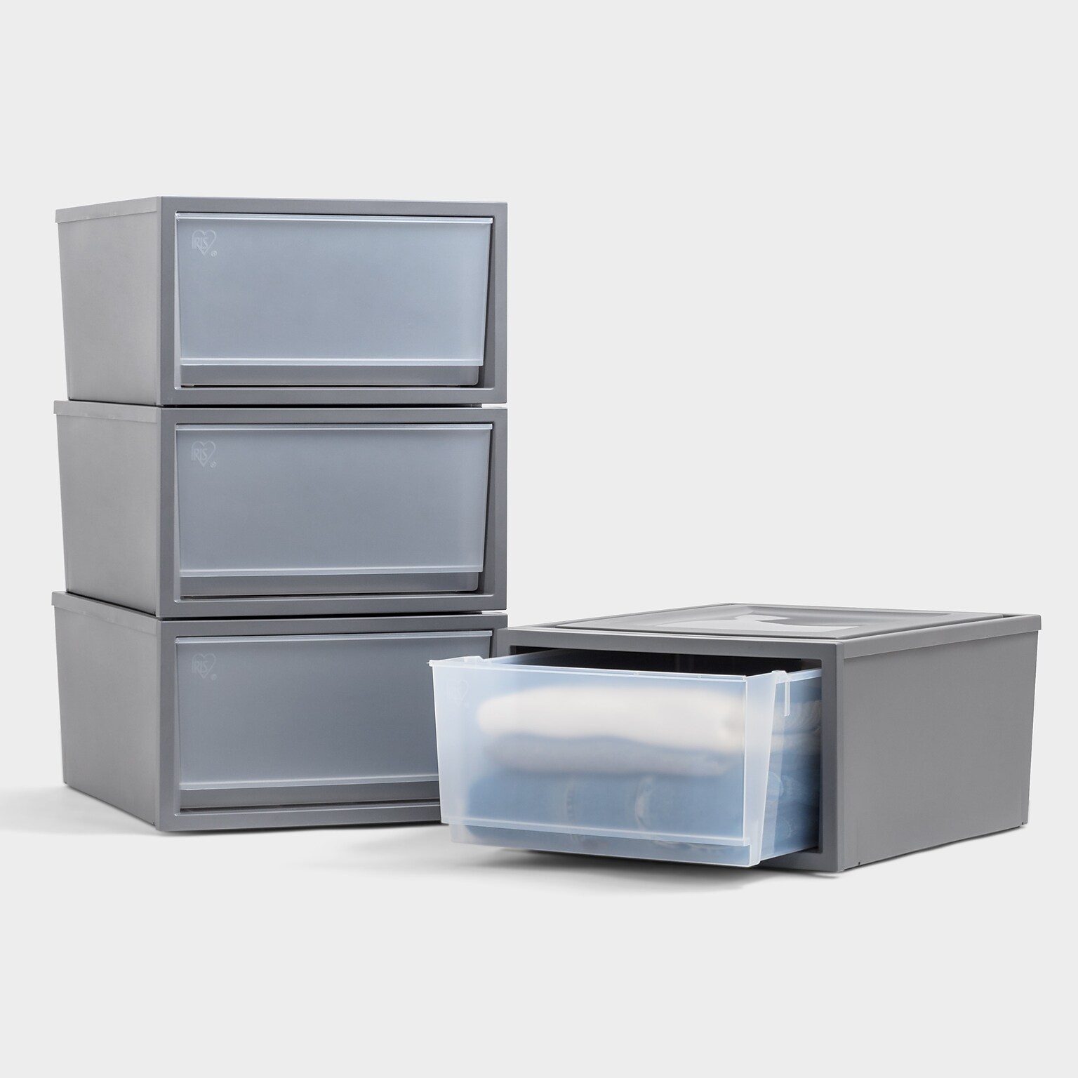 Iris Stackable Plastic Storage Bin With Drawer, Gray (500116)