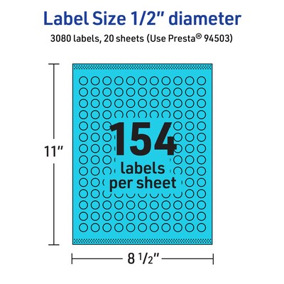 Avery Laser/Inkjet Multipurpose Circle Labels, 0.5" Dia., Bright Blue, 3080/Pack (94503)