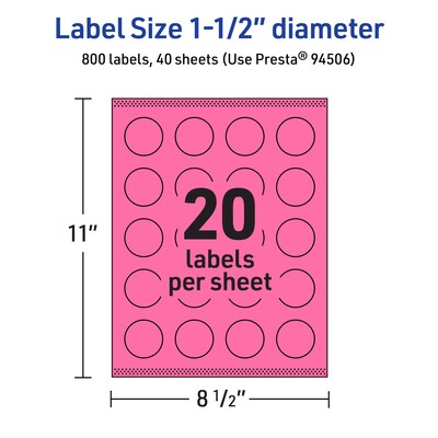 Avery Laser/Inkjet Round Multipurpose Labels, 1.5" Dia., Bright Pink, 800/Pack (94506)