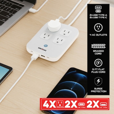 RAYOVAC 4-Outlet 4-USB Port Surge Protector Power Strip with Braided Cord & Flat Plug, 5-ft., 540 Joules, White (SS-P319)