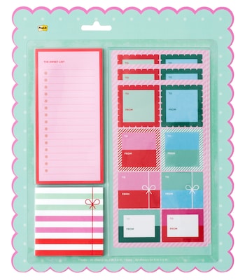 Post-it Jingle Sticky Notes, Assorted Sizes, Holiday Theme, 50 Sheets/Pad, 2 Pads/Pack, 18 Labels/Pack (HOL25-JN-HOST)