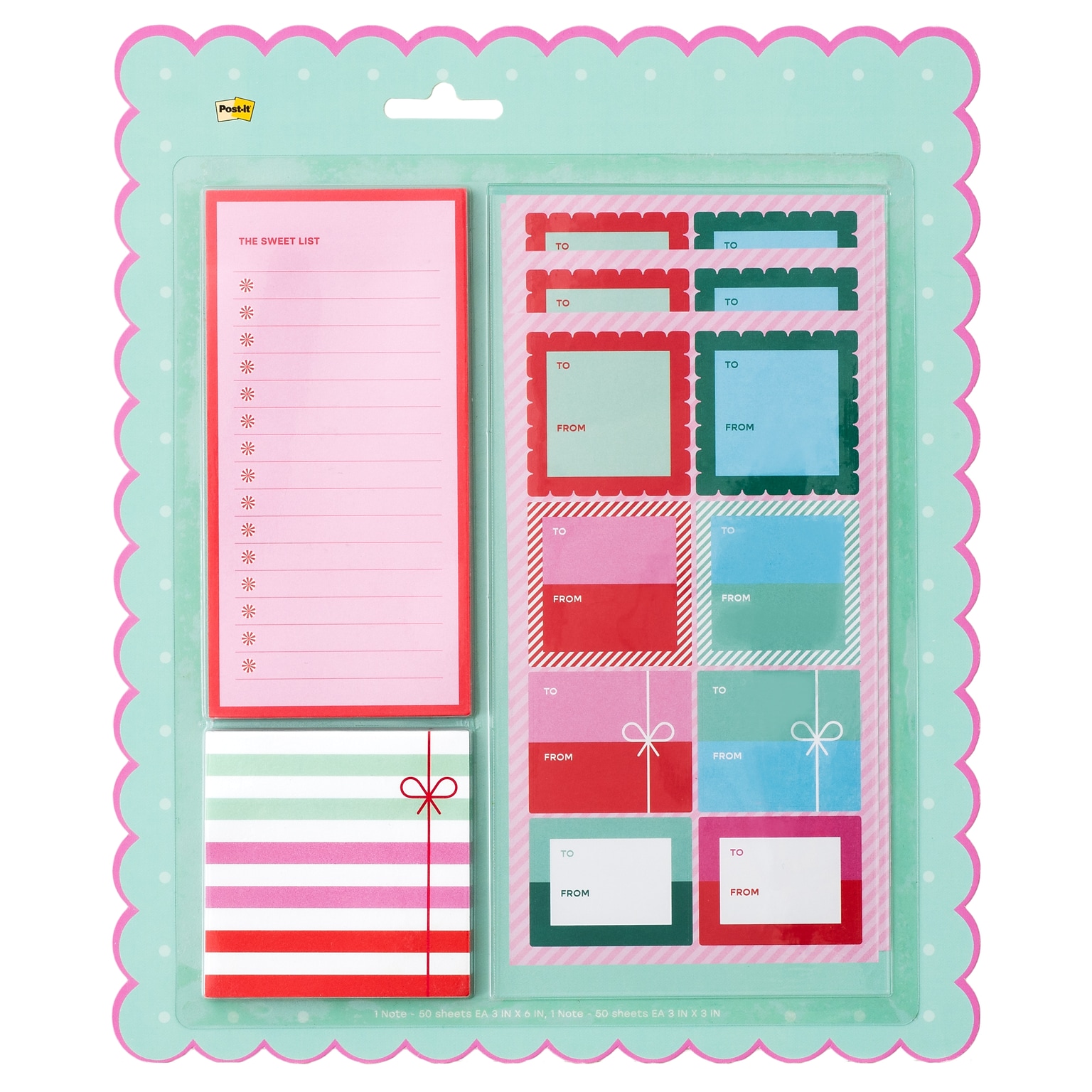 Post-it Jingle Sticky Notes, Assorted Sizes, Holiday Theme, 50 Sheets/Pad, 2 Pads/Pack, 18 Labels/Pack (HOL25-JN-HOST)