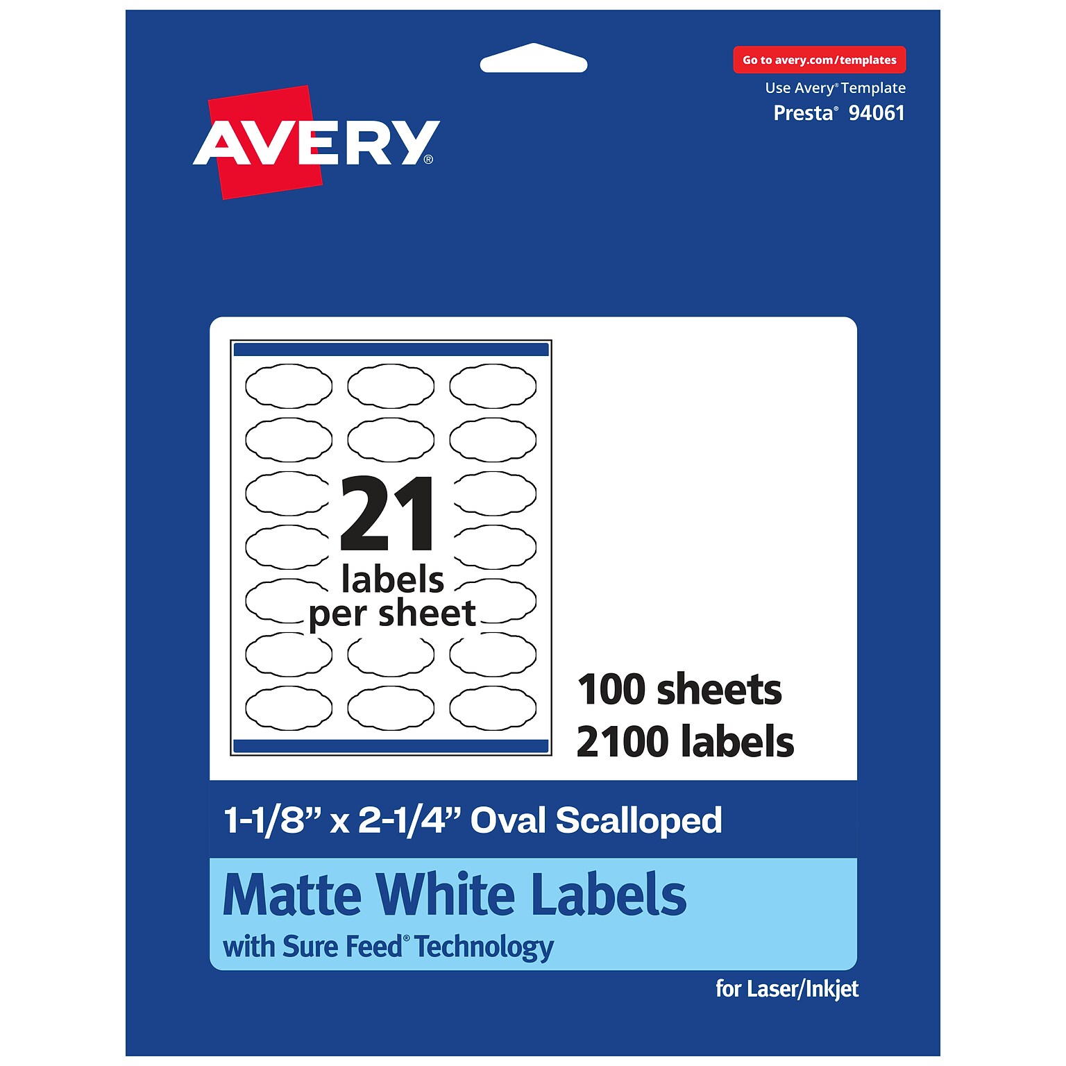 Avery Laser/Inkjet Multipurpose Labels, 2.25  x 1.125, Matte White, 2100/Box (94061)