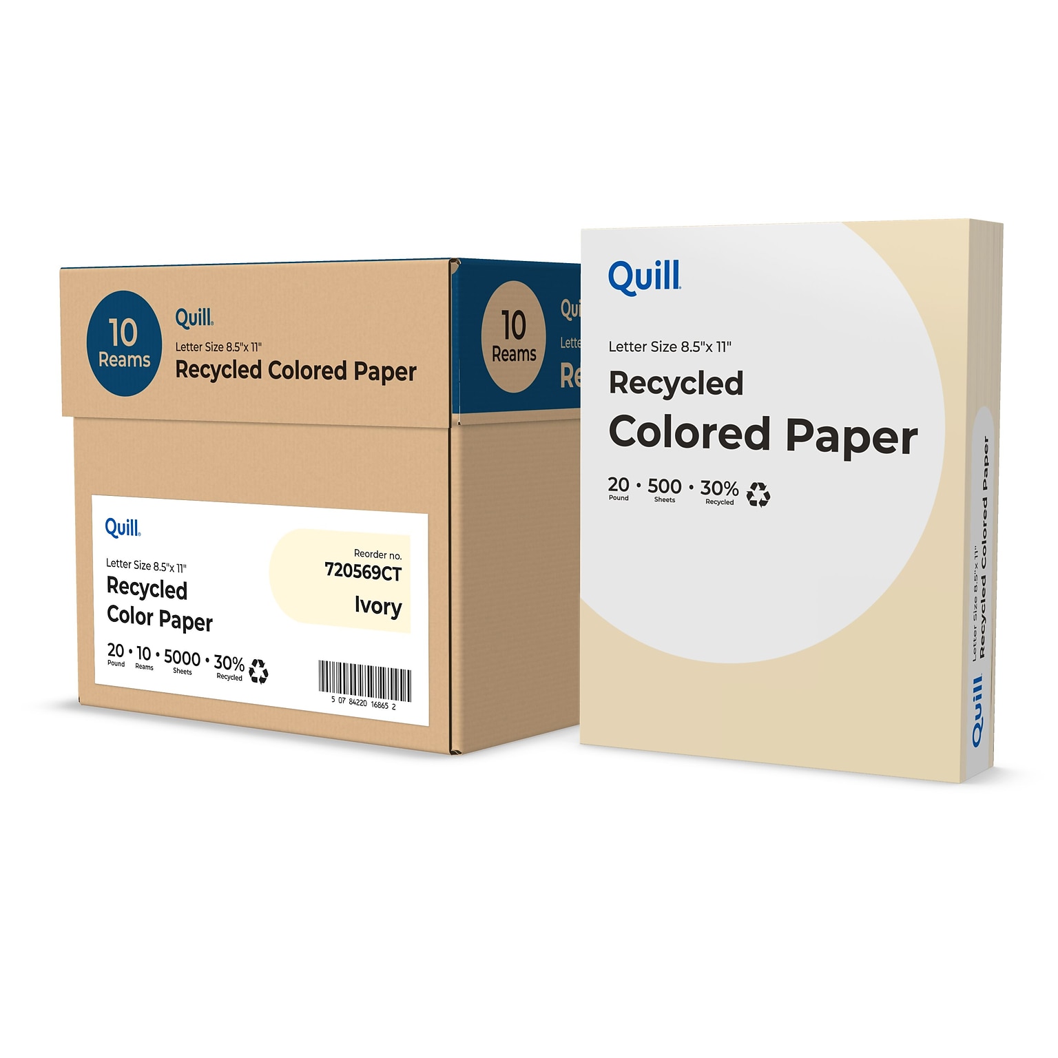 Quill Brand® 30% Recycled Colored Multipurpose Paper, 20 lbs., 8.5 x 11, Ivory, 500 Sheets/Ream, 10 Reams/Carton (720569CT)