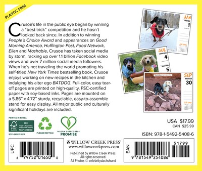 2026 Willow Creek Crusoe the Celebrity Dachshund 6.2 x 5.4 Day-to-Day Calendar (54086)