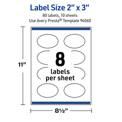 Avery Oval Scalloped Laser Multipurpose Labels, 2" x 3", White, 80/Pack (19479399200)