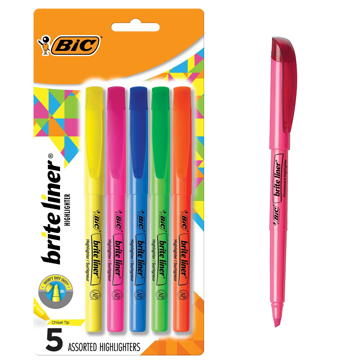 BIC Brite Liner Stick Highlighters, Chisel, Assorted Colors, 5/Pack (BLP51W-AST)