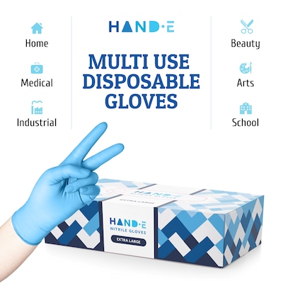 Hand-E Blue Nitrile Disposable Gloves, Latex-Free, Powder-Free, Large, 1000 Count (HND-82873C)