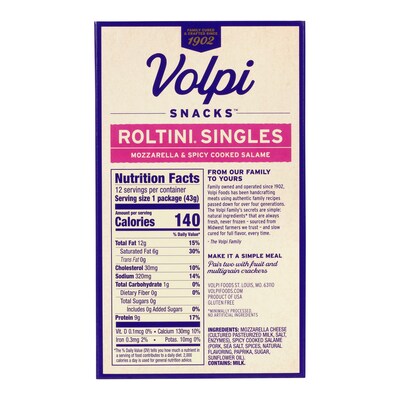 Volpi Roltini Singles, Spicy Salami & Mozzarella, 1.5 oz, 24/Pack (220-02485)