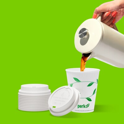 Perk Eco Compostable Plastic Hot Cup Lids, 50 Count Disposable Coffee Cup Lids for 10–16 Oz Paper Hot Cups, White