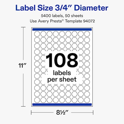 Avery Round Laser/Inkjet Multipurpose Labels, Clear, 108 Labels/Sheet, 50 Sheets/Pack (19479311185)