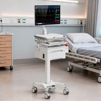 Mount-It! MedHub Height-Adjustable Medical Cart with 2 Lockable Drawers, Power Strip and Locking Casters, White/Grey (MI-16037)