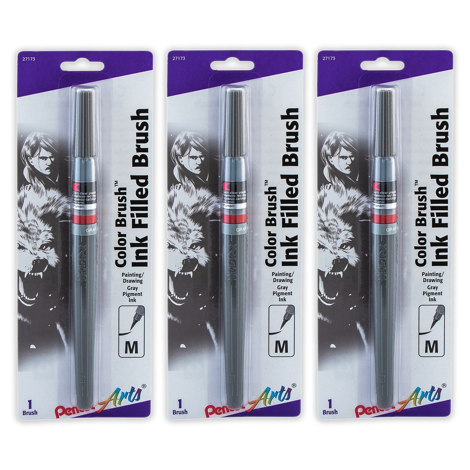 Pentel Arts Color Brush with Pigment Ink, Medium Tip, Gray, 3/Pack (PTAGFPBP137-3)