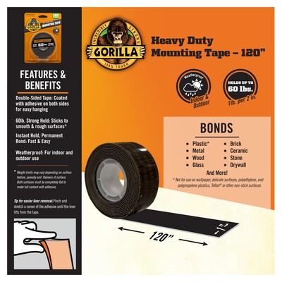 Gorilla Heavy Duty Mounting Tape, 1" x 3 1/3 yds., Black (102441)