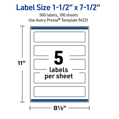 Avery Rectangle Laser Multipurpose Labels, 1.5" x 7.5", White, 500/Box (19479399279)