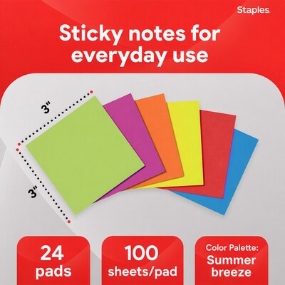 Staples Ultra Sticky Notes, 3 x 3, Summer Breeze Collection, 100 Sheets/Pad, 24 Pads/Pack (ST62882)