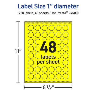 Avery Laser/Inkjet Multipurpose Circle Labels, 1" Dia., Neon Yellow, 1920/Pack (94500)