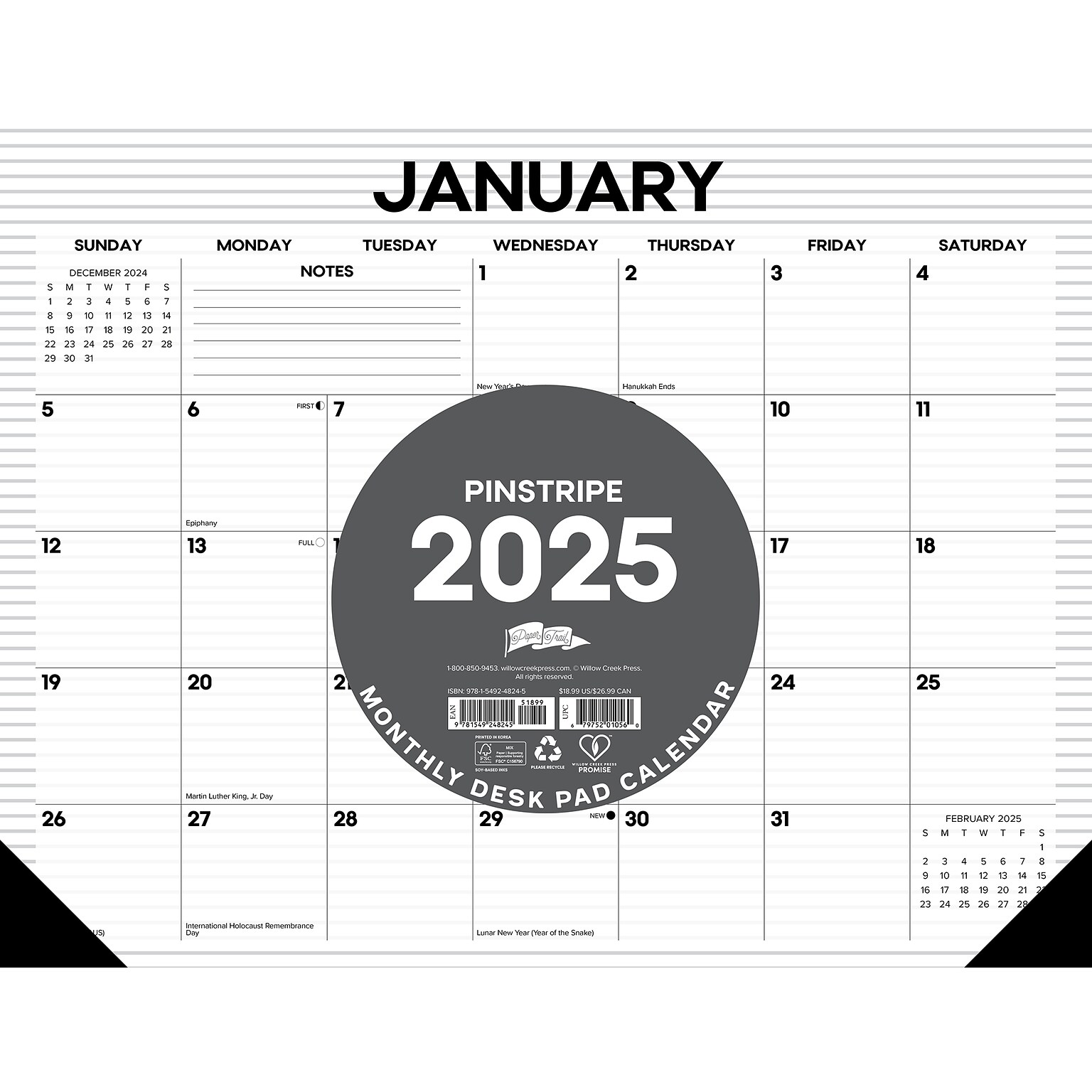 2025 Willow Creek Pinstripe 22 x 17 Monthly Desk Pad Calendar (48245)