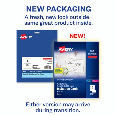 Avery Laser/Inkjet Invitation Cards, 5 x 7, White/Gold, 30 Cards & Envelopes/Pack (3325)