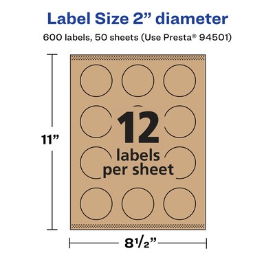 Avery Laser/Inkjet Round Multipurpose Labels, 2" Dia., Kraft Brown, 600 Labels/Box (94501)