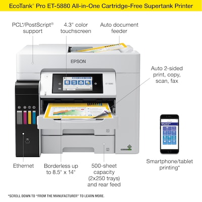 Epson EcoTank Pro ET-5880 Wireless All-in-One Cartridge-Free SuperTank Office Printer with PCL/Postscript Support