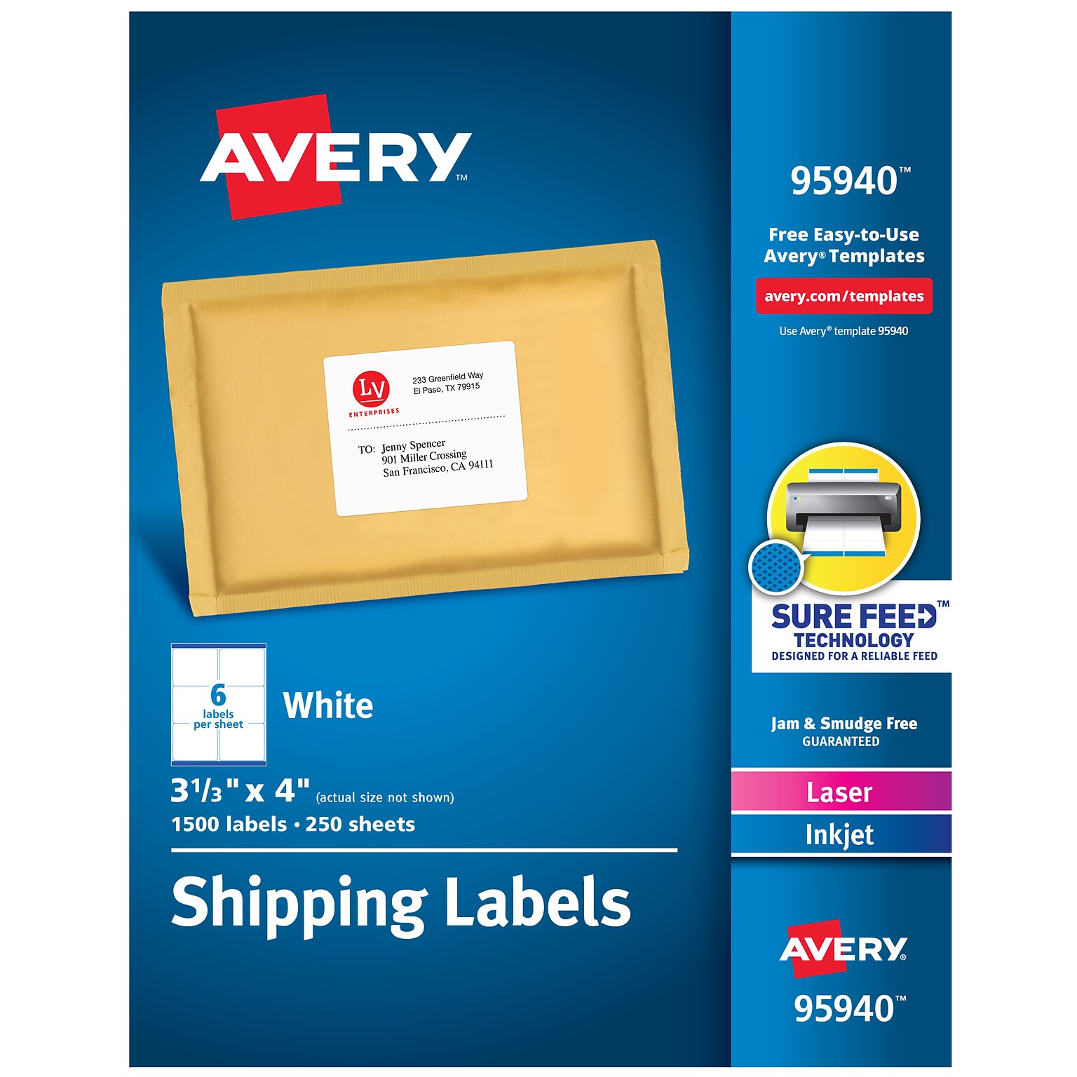 Avery Sure Feed Laser/Inkjet Shipping Labels, 3-1/3 x 4, White, 6 Labels/Sheet, 250 Sheets/Box, 1,500 Labels/Box (95940)