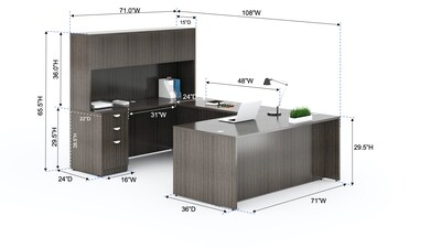 Boss Office Products 71 Executive U-Shape Desk with File Storage Pedestal and 4 Door Hutch, Driftwo