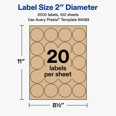 Avery Round Laser/Inkjet Multipurpose Labels, 2" Round, Kraft Brown, 20 Labels/Sheet, 100 Sheets/Pack (19479311174)