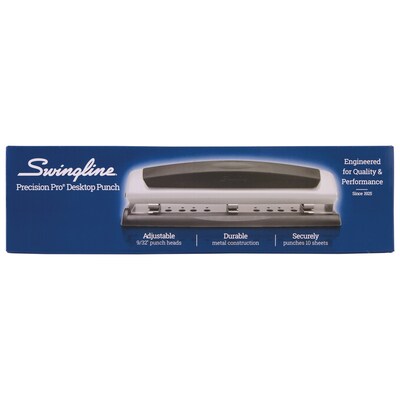 Swingline® Precision Pro® Desktop 2-3-Hole Punch, Adjustable Centers, 10 Sheet Capacity, Black/Silver (A7074037)