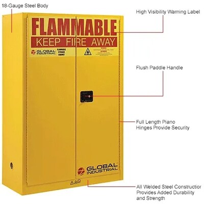 Global Industrial Flammable Cabinet, 45 Gallon Capacity, 43"W x 18"D x 65"H, Yellow (298541)