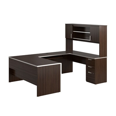 Bestar Ridgeley U Shaped Desk with Drawers, Hutch, and Keyboard Tray, Dark Chocolate (52414-79)