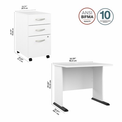 Bush Business Furniture Studio A 36"W Small Computer Desk with 3-Drawer Mobile File Cabinet, White (STA005WHSU)